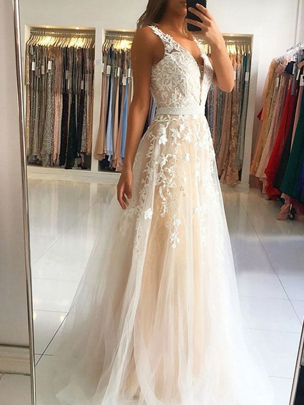 Champagne Lace Tulle Junior Prom Dress GTEEN082