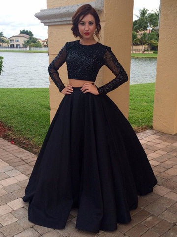 Black 2 Piece Long Sleeve Junior Prom Dress GTEEN092
