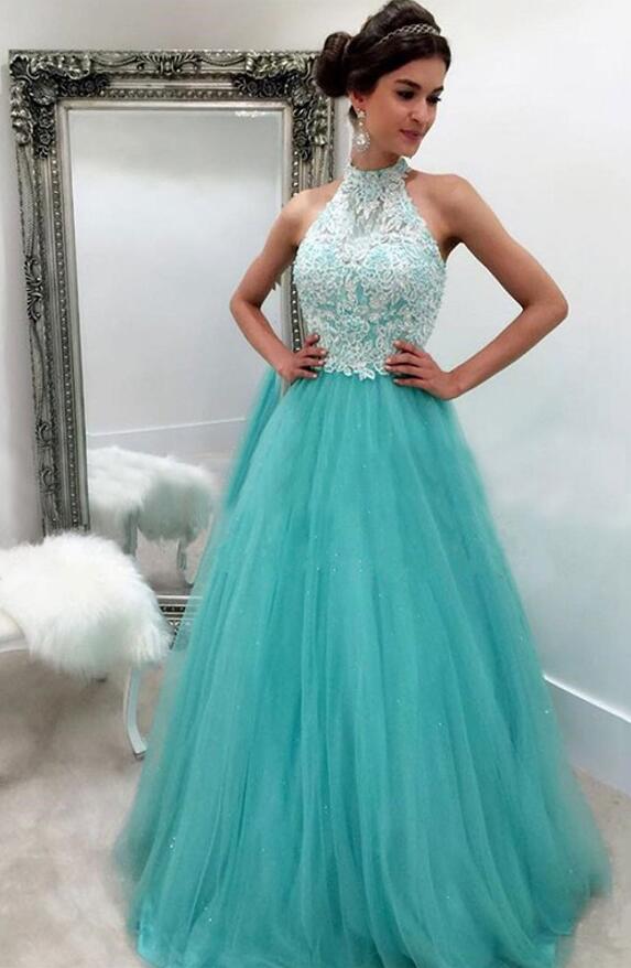 turquoise lace prom dress A-Line V-Neck Split Turquoise Tulle Prom Dress with Appliques PG763 US8 / Turquoise