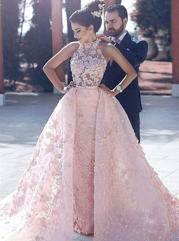Ball Gown Pink Halter Lace Junior Prom Dress GTEEN104