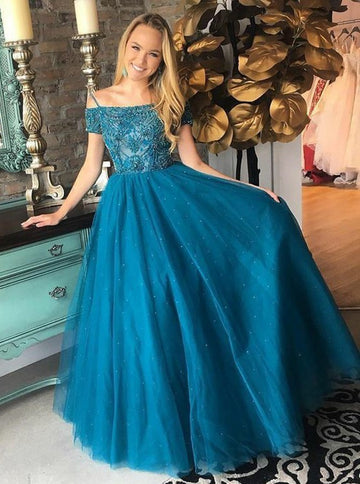 Ink Blue Off-the-shoulder Junior Prom Dress GTEEN107