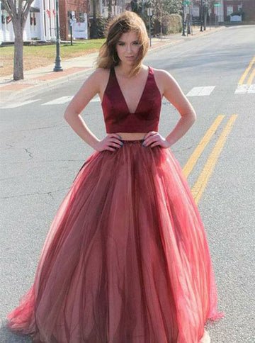 Burgundy V Neck 2 Piece Junior Prom Dress GTEEN115