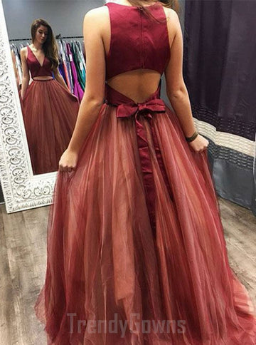 Burgundy V Neck 2 Piece Junior Prom Dress GTEEN115