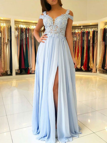 Off-the-shoulder Sky Blue Junior Prom Dress GTEEN116