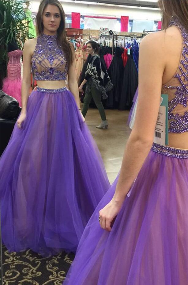 Princess Purple Beading Two Piece Junior Prom Dress GTEEN134