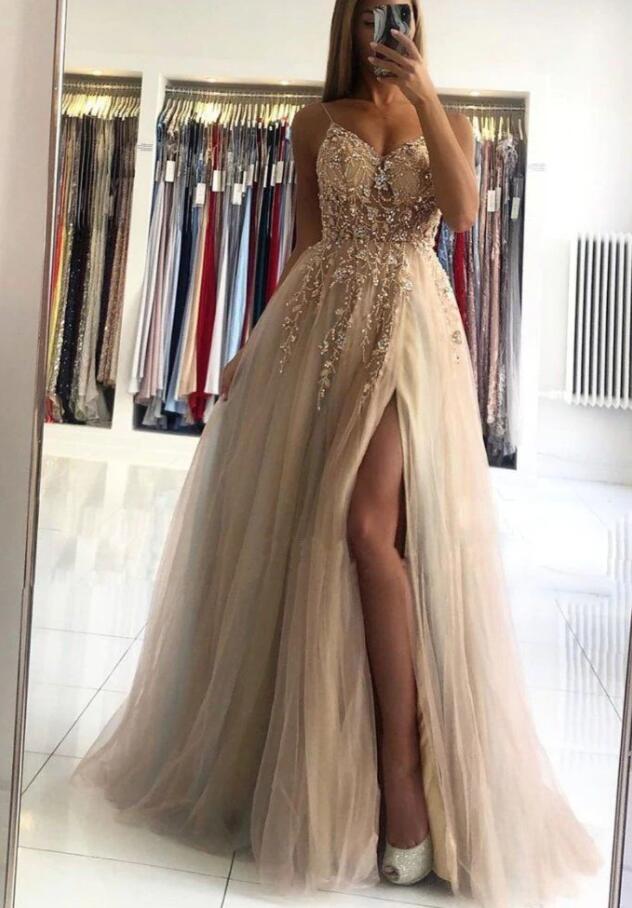 Dark Champagne Straps Tulle Beading Junior Prom Dress GTEEN136