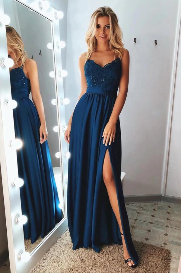 Navy Blue Chiffon Straps Junior Prom Dress GTEEN139