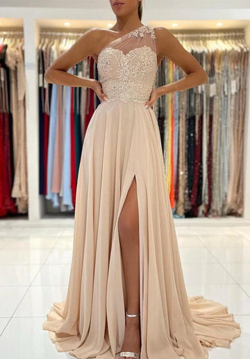 Nude Chiffon One Shoulder Junior Prom Dress GTEEN146
