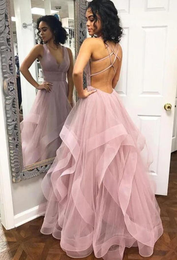 Tulle Pink Princess Backless Junior Prom Dress GTEEN148