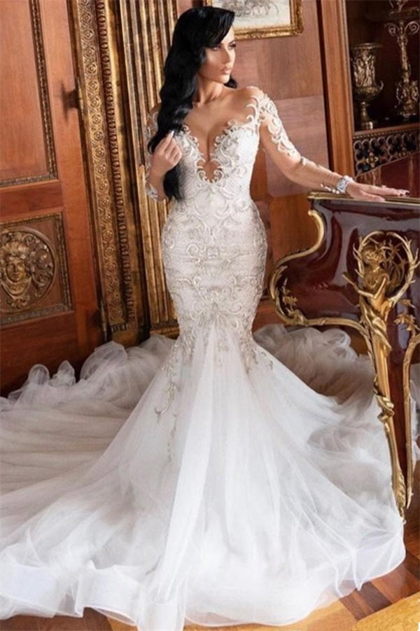 Trendy Mermaid V-Neck Long Sleeves Beading Applique Wedding Gown TWA002