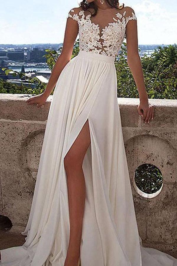 V-neck Cap Sleeves Boho Wedding Dress with Appliques TWA0022