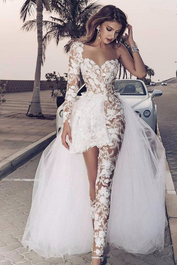 Hi-Lo Lace One Shoulder Long Sleeve Wedding Gown Pantsuits TWA003