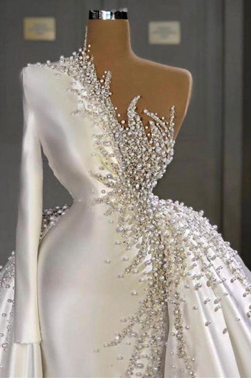Trendy One Shoulder Pearls Satin Wedding Gown TWA004