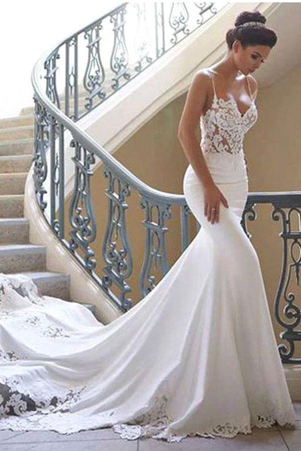 Chapel Train Spaghetti Strap Lace Mermaid Wedding Gown TWA006