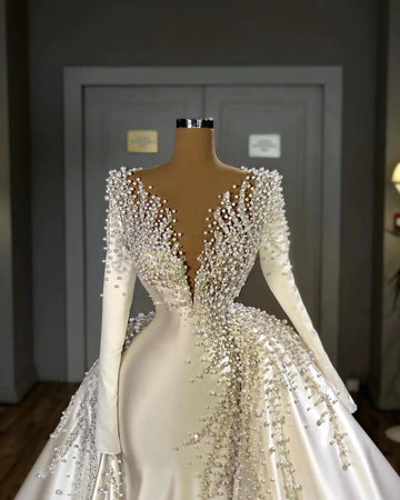 Long Sleeve Pearls V-Neck with Detachable Train Wedding Gown TWA007