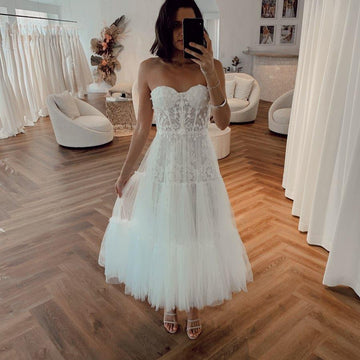 Unique Vintage Tea-length Lace Wedding Dress TWA010