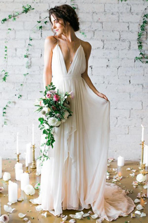 Boho V-neck Sweep Train Ivory Wedding Gown With Straps TWA0102
