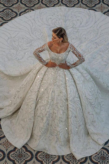 Luxurious Ball Gown Long Sleeves Sparkly Sweep Train Wedding Gown TWA012