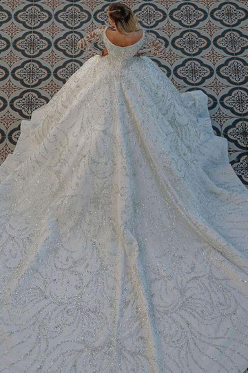 Luxurious Ball Gown Long Sleeves Sparkly Sweep Train Wedding Gown TWA012