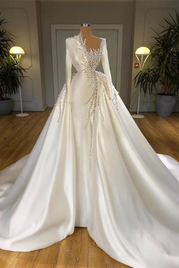 Trendy Long Sleeves Pearls Detachable Train Wedding Gown TWA013