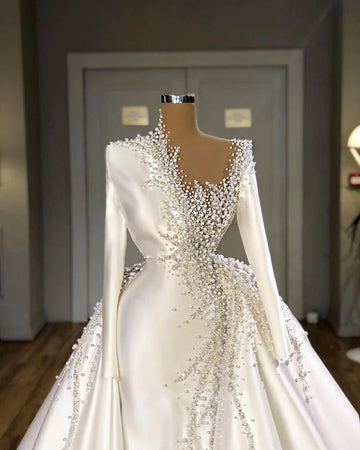 Trendy Long Sleeves Pearls Detachable Train Wedding Gown TWA013