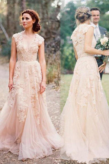V-neck Boho Wedding Gown with Lace TWA0152