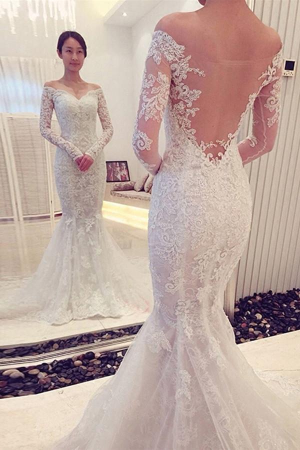 Off The Shoulder Long Sleeves Lace Mermaid Wedding Gown TWA0182