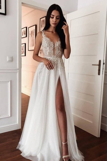 Lace V neck Modern High Split Summer Wedding Gown TWA021