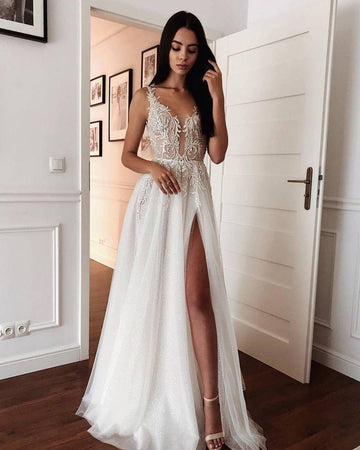 Lace V neck Modern High Split Summer Wedding Gown TWA021