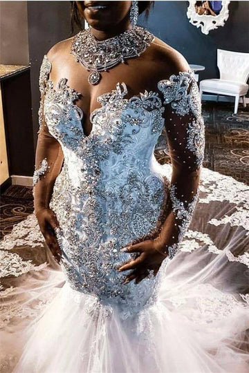 Plus Size Luxurious Long Sleeve Beading Appliques Rhinestones Mermaid Wedding Gown TWA022