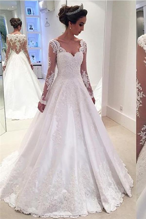 V Neck Appliques A Line Wedding Gown with Long Sleeves TWA0232
