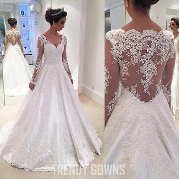 V Neck Appliques A Line Wedding Gown with Long Sleeves TWA0232