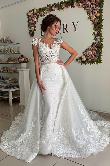 Sheath Portrait Tulle Crochet Flower Applique Wedding Gown TWA025
