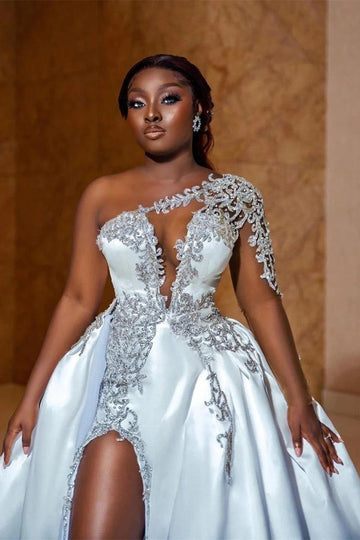 High Split One Shoulder Long Sleeve Open Back Appliques Lace Wedding Gown TWA026