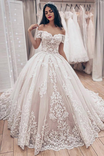 Off the Shoulder Lace Appliques Ball Gown Wedding Gown TWA0272
