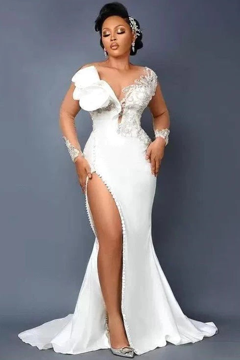 Plus Sexy V-neck High Split Applique Long Sleeve Wedding Gown TWA030