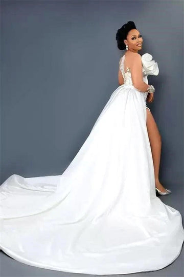 Plus Sexy V-neck High Split Applique Long Sleeve Wedding Gown TWA030