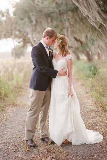 Elegant Cap Sleeve Boho Chiffon Sweetheart Wedding Gown TWA0302