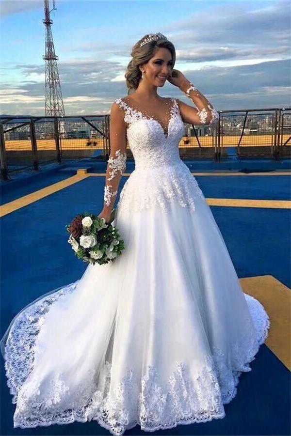 Trendy Lace Sweep Train Long Sleeves Wedding Gown TWA031
