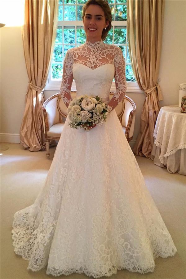 Lace Long Sleeve Ball Gown Wedding Gown with Appliques Beading TWA0222