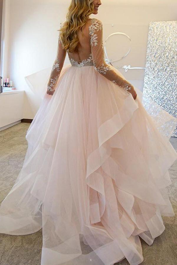 Pink Princess Long Sleeves Tulle Wedding Gown With Appliques TWA0362