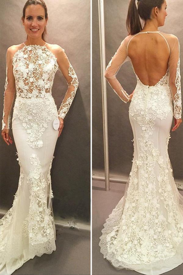 Long Sleeves Lace Appliques Open Back Mermaid Wedding Gown TWA0382