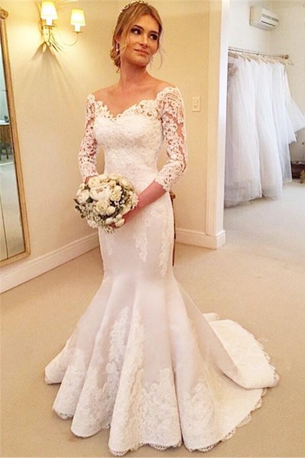 Lace V-Neck 34 Sleeves Buttons Mermaid Wedding Gown TWA0392