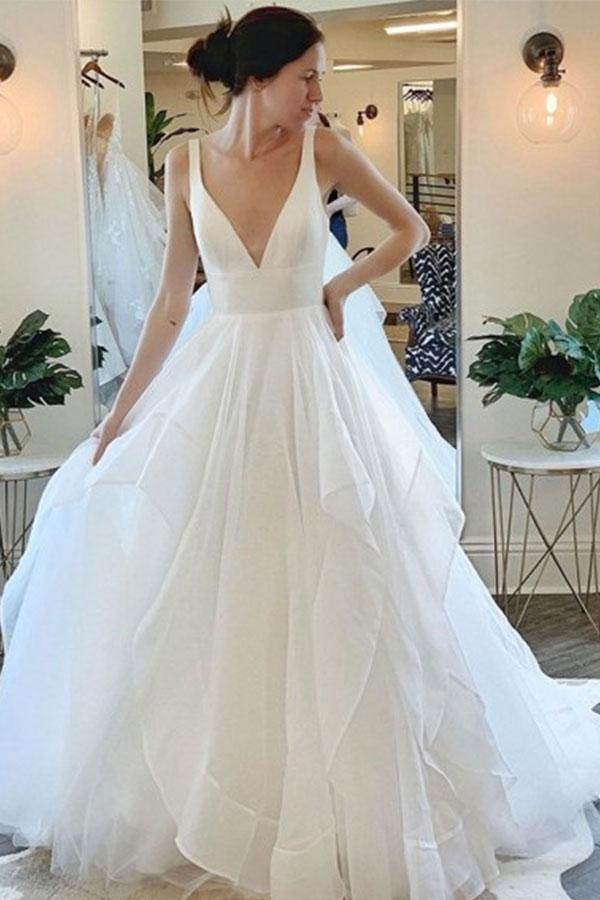 Trendy Deep V-neck Tulle Ruffles Bridal Gowns TWA040
