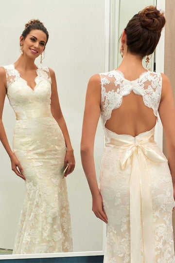 V Neck Lace Mermaid Wedding Gown With Sashes TWA0402