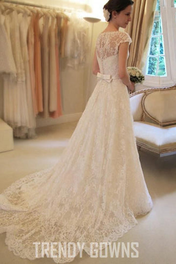 Scoop Neck Short Sleeve A-Line Lace Wedding Gown TWA0432