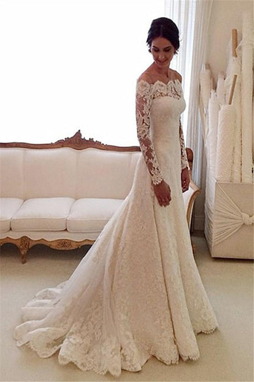 Trendy Off the shoulder Lace Long Sleeves Bridal Gowns TWA044
