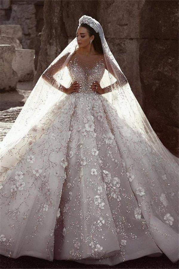 Luxurious Beading Floral Long Sleeves Ball Gown Bridal Gowns TWA049
