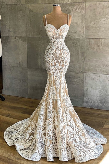 Trendy Lace Spaghetti-Straps Mermaid Bridal Gowns TWA055