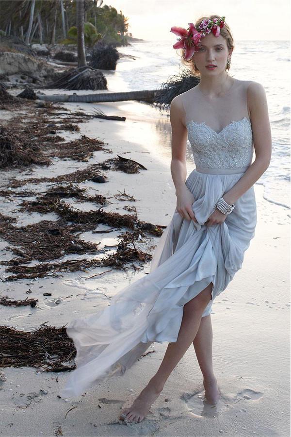 Illusion Neckline Sheer Back Beach Lace Chiffon A-line Wedding Gown TWA0552